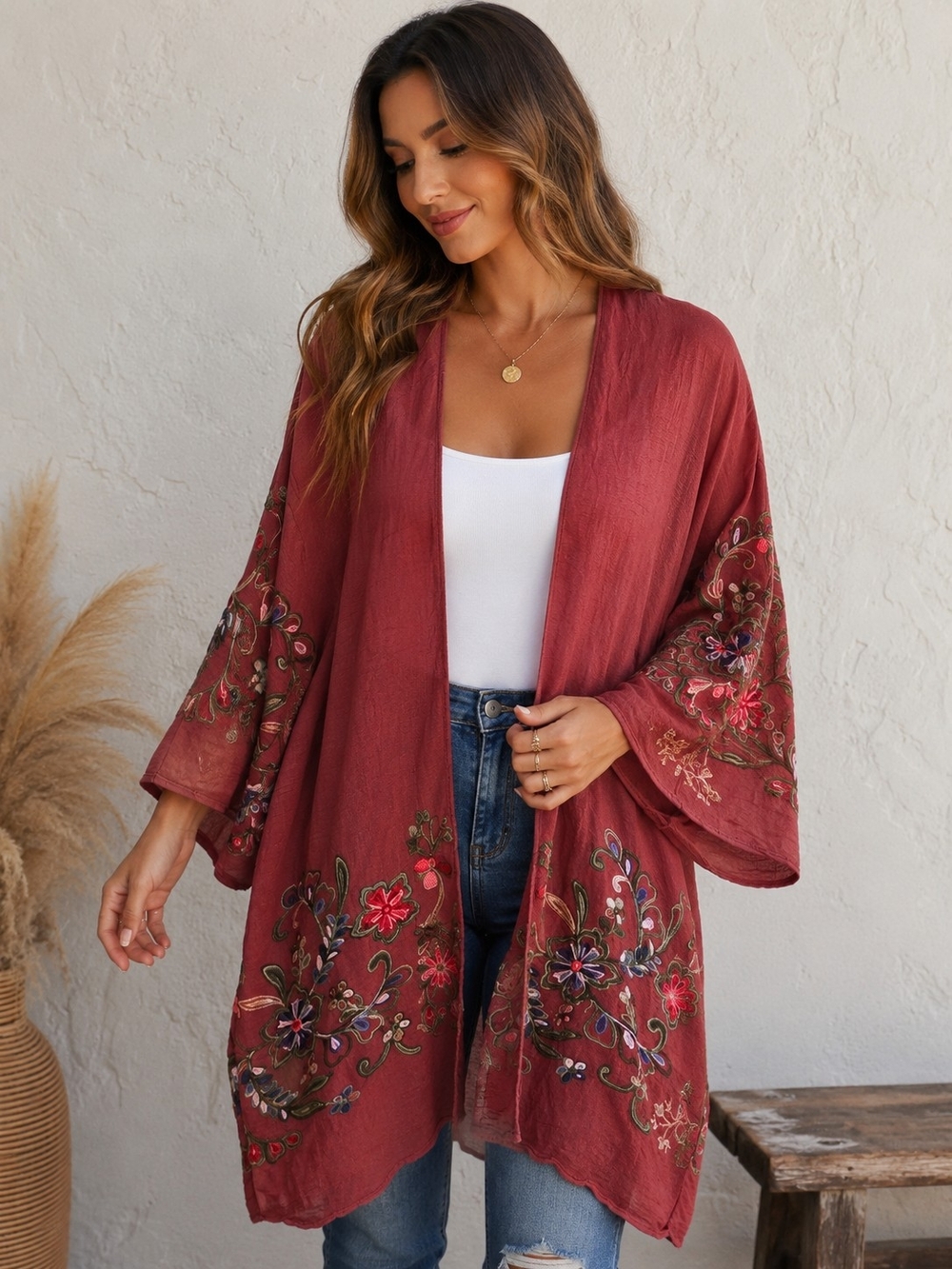 Boho Embroidered Floral Open Front Kimono Duster Cardigan Lightweight